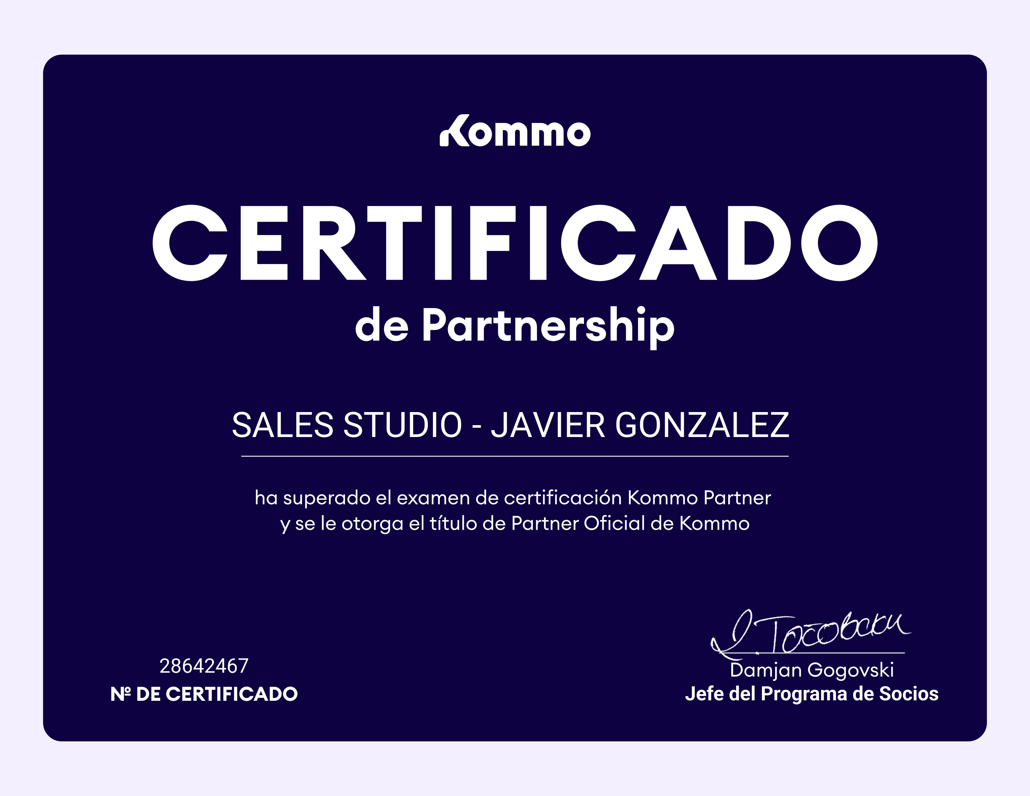 Certificado de Partnership Kommo otorgado a SALES STUDIO — Javier González